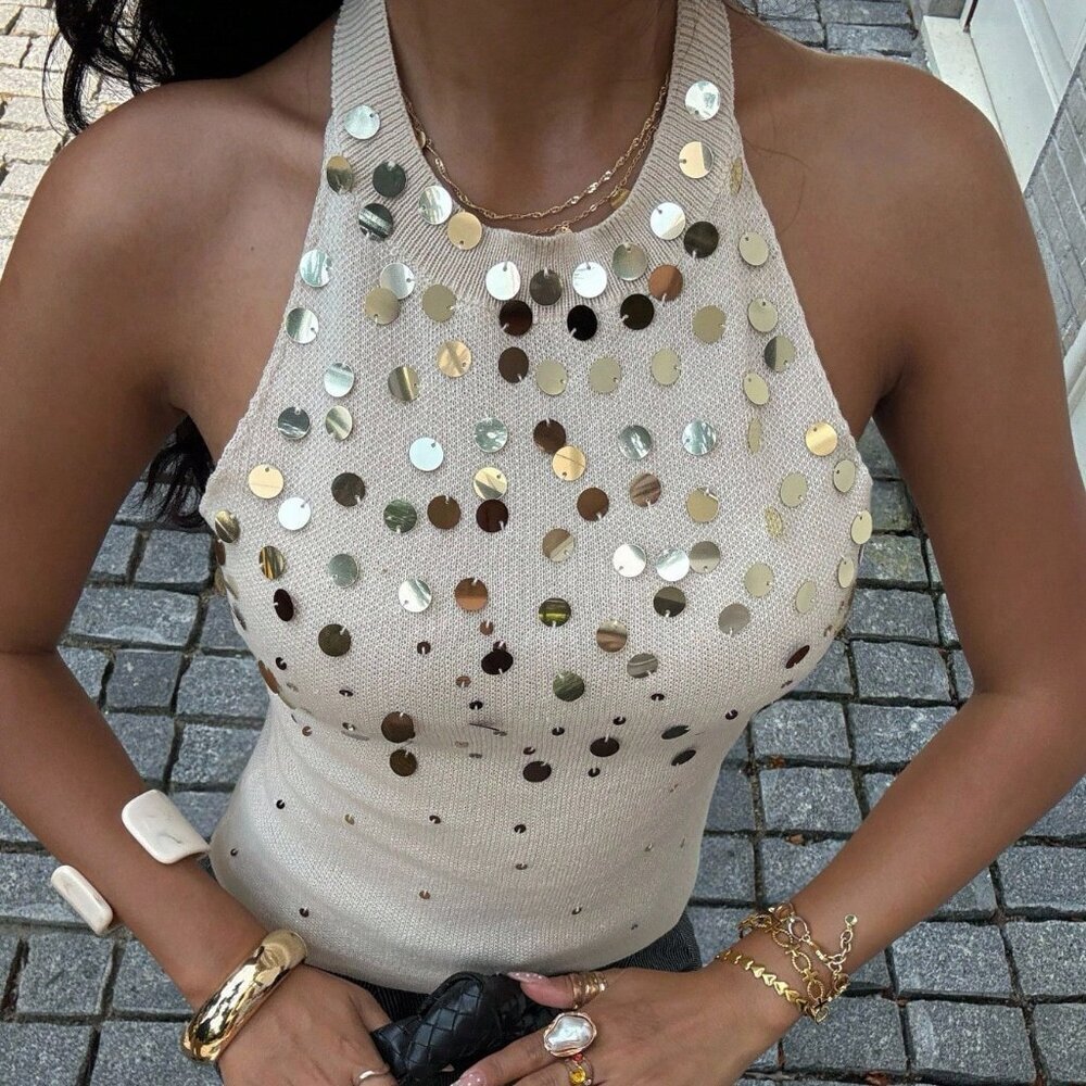Women's Sequin detailed Knit Tie Backless Halter Top - Picture 6 of 6
